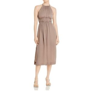 Tahari halter neck silky neutral stone lined split hem midi dress small p